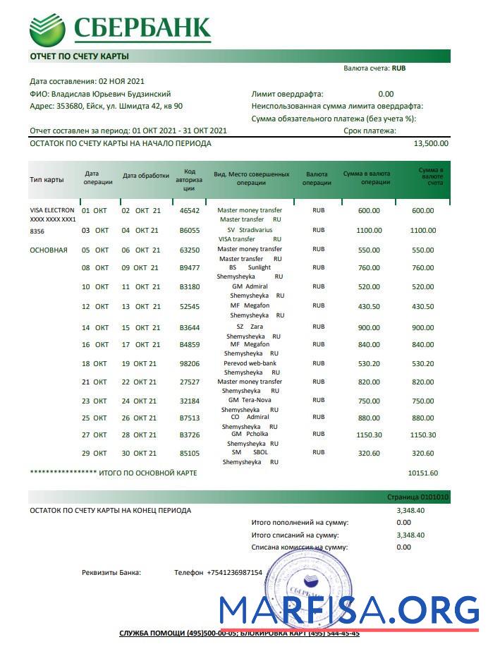 Blank Russia Sberbank bank statement excel download for verification